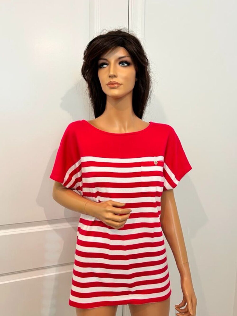 Jones New York Signature Red White Striped Top XL 100% Cotton Short Sleeve Knit.